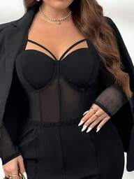 Firerie Elegante Bluse in Große Größen für den Arbeitsweg, den Arbeitsplatz, den anspruchsvollen Nachmittagstee, ein leicht sexy Date, Musikkonzerte und Partys. Schwarze Bluse mit Mesh-Spitzen-Design, geeignet für Urlaub, Neujahr, Partys und elegante Büro-Looks.