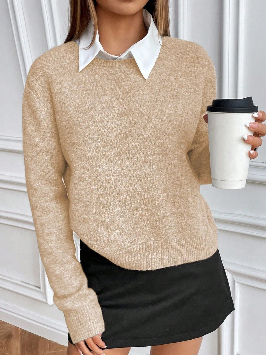 SHEIN LUNE Casual Style Solid Color Crew Neck Knit Long Sleeve Sweater - Apricot - View 1