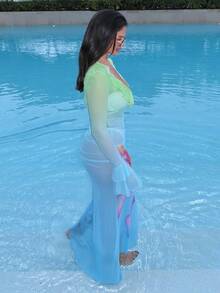 MDEdit 超大荷叶边前开衩荷叶袖花卉印花修身优雅长裙，适合春夏季度假婚礼宾客，夏季女士连衣裙，伊比沙岛假日海滩婚礼宾客，优雅，生日，圣诞节，万圣节，秋季，冬季 - 綠色 - 查看 6