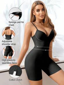 SHEIN 1pc Women's Solid Color Adjustable Strap Bodysuit Shorts - Black - View 1