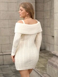 SHEIN Clasi Women's Off Shoulder Twist Rope Solid Color Sweater Dress - White - View 2