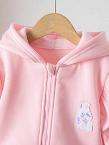 Young Girl Rabbit Print Hooded Jacket And Pants Set - Pink - View 3