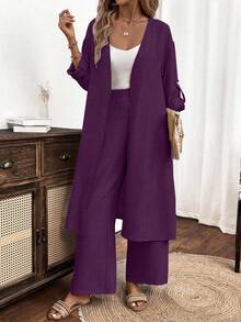 SHEIN LUNE 女士纯色卷边长袖外套和阔腿裤休闲两件套 - 紫色 - 查看 5