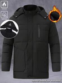 Manfinity Homme Manteau matelassé à capuche détachable, zip, doublé thermique, manches longues épaisses. Coupe-vent, automne/hiver - Noir - Voir 3