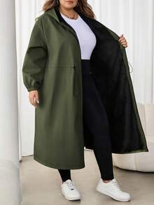 SHEIN CURVE+ 加大码女式绿色抽绳连帽保暖内衬长袖风衣，加大码女式连帽夹克雨衣秋冬装 - 綠色 - 查看 12