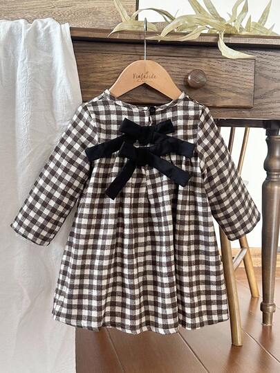 Vintaside Kids 女婴棕色格子羊毛棉混纺舒适柔软厚实连衣裙，可拆卸 3D 蝴蝶结装饰，时尚可爱百搭优雅田园风格，适合春秋冬