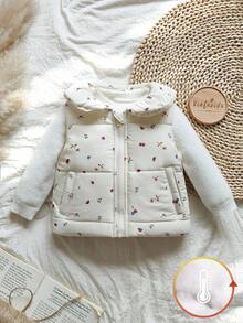 SHEIN Vintaside Kids 女婴纯棉加厚背心，保暖舒适，带保暖内衬，适合春、秋、冬三季穿着，时尚百搭，田园风格，优雅可爱碎花棉质外套 - 杏色 - 查看 3