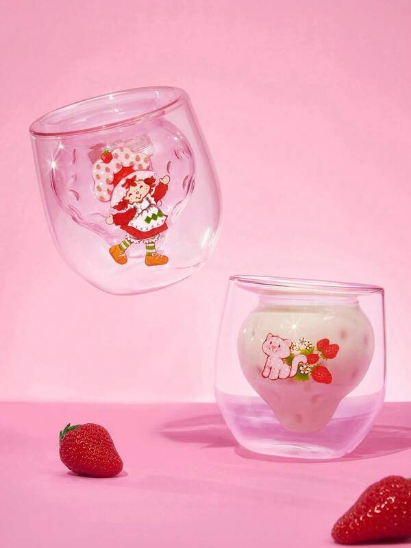 Strawberry Shortcake X SHEIN 1 pieza Taza de vidrio borosilicato de doble capa con forma de personaje de dibujos animados de 7.1oz/210ml, 3D estéreo, resistente al calor, adecuada para leche, jugo, café, etc., Cheer Bear, Corazón