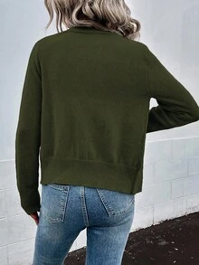 SHEIN LUNE Cárdigan casual de manga larga con adornos de perlas, otoño/invierno - Verde militar - Ver 2