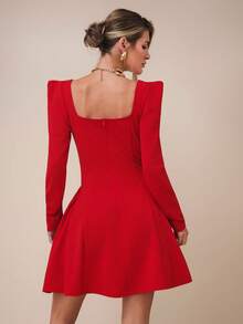 COSMINA Đầm ngắn tay dài cổ vuông tay áo blazer thanh lịch dành cho nữ, đa năng cho tiệc tùng, sinh nhật, nghỉ mát, đi làm vào đầu thu - Đỏ - Xem 2