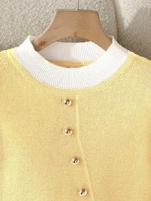 GlowEve Contrast Trim Pleated Collar Elegant Long Sleeve Sweater, Suitable For Commuting - Butter Yellow - View 3