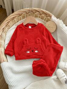Completo da bambina con top a maniche lunghe con motivo carino e morbido e pantaloni a vita elastica, outfit rosso autunnale/invernale, abbigliamento invernale per bambine, set da 2 pezzi, abbigliamento invernale in pile - Rosso - Visualizzare 13
