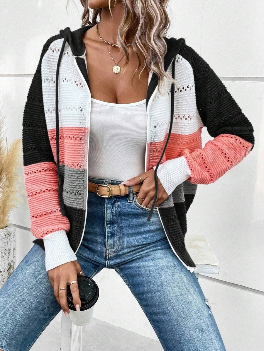 EMERY ROSE 撞色条纹抽绳连帽拉链针织开衫，长袖，长袖上衣 - 彩色 - 查看 1