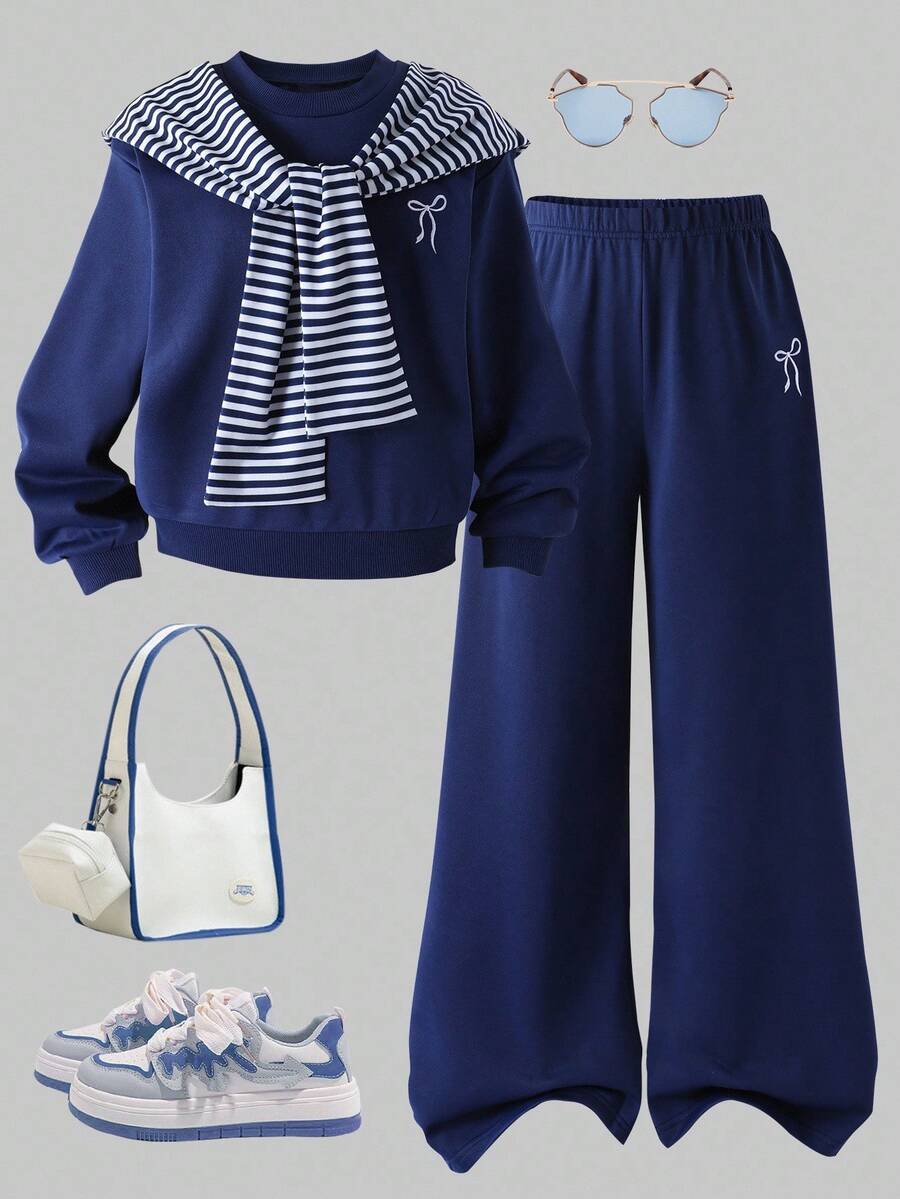 3pcs/Set Older Tween Girl Solid Color Embroidered Loose Fit Crew Neck Top + Plaid Striped Shawl + Matching Casual Sports Pants - Royal Blue - View 1