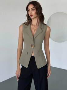 Firerie Women's Minimalist Elegant Daily Casual Urban Commute Office Wear Gray-Green Sleeveless Lapel Metal Button Fitted Blazer, Women's Blazer, Autumn/Winter Wear, Formal Occasion Wear - Green - View 1