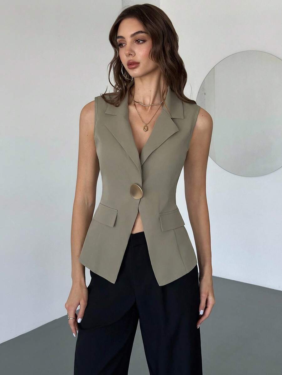 Firerie Women's Minimalist Elegant Daily Casual Urban Commute Office Wear Gray-Green Sleeveless Lapel Metal Button Fitted Blazer, Women's Blazer, Autumn/Winter Wear, Formal Occasion Wear - Green - View 1