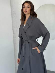 Firerie Áo khoác dài tay dài màu xám giản dị dành cho nữ, áo khoác dài hai hàng khuy, áo khoác ngoài dài tối giản dành cho người đi làm, trang phục xuân thu đông, thanh lịch, đi làm, hàng ngày, trang phục công sở, tối giản - Xám - Xem 4