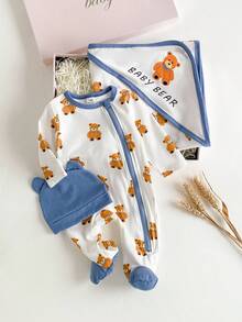 Newborn 3 Pieces Set:Knit Footed Jumpsuit,Bear Ear Hat,Blanket,Brown And White Polka Dot,Autumn,Cute,Baby Shower,Crew Neck Long Sleeve Loungewear - Multicolor - View 3
