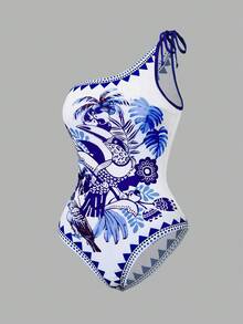 Swim Oasis Women's Tropical Floral & Bird Print Casual One-Piece Swimsuit With Skirt, Halter Neck, Suitable For Vacation And Beach - Blue and White - View 8