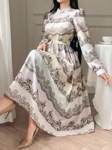 DAZY Váy maxi chữ A tay dài in hoa phong cách cung điện cổ điển thanh lịch, đơn hàng khuy dành cho nữ - Nhiều màu - Xem 1