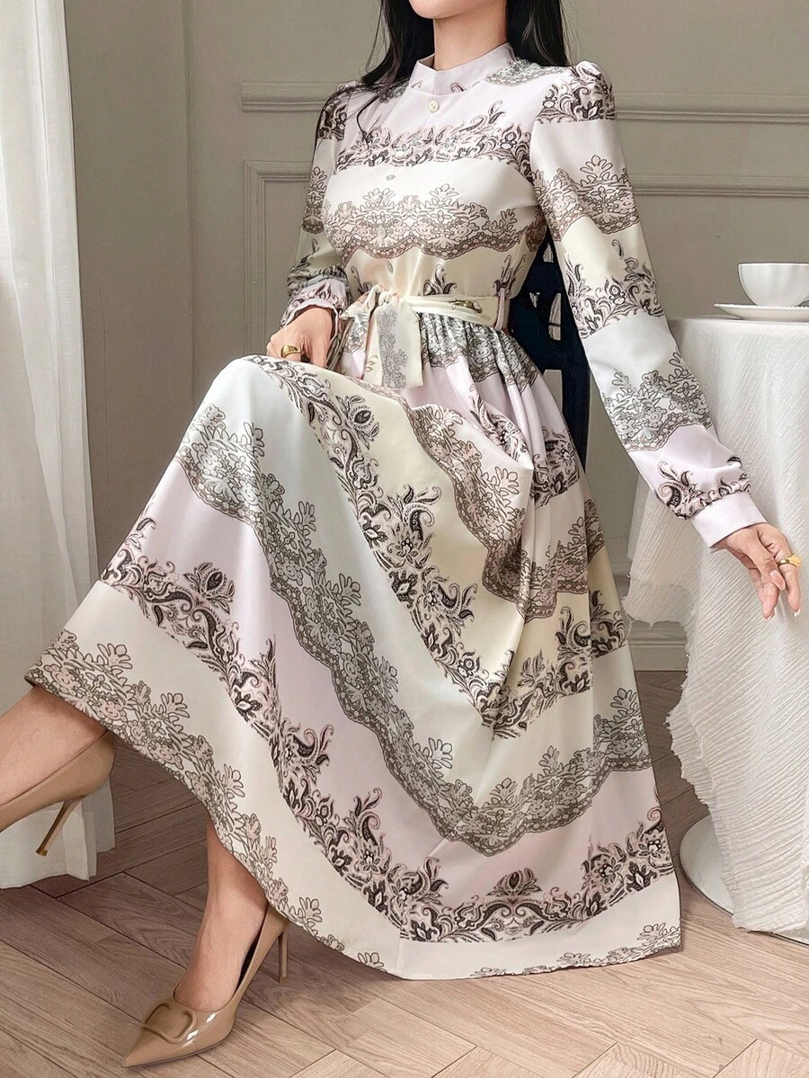 DAZY Váy maxi chữ A tay dài in hoa phong cách cung điện cổ điển thanh lịch, đơn hàng khuy dành cho nữ - Nhiều màu - Xem 1