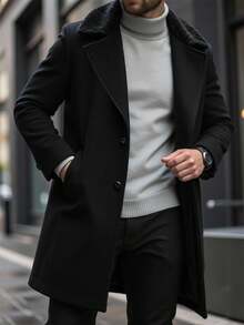 Manfinity Homme معطف رجالي بلون موحد مع جيب وأزرار أمامية وأكمام طويلة، معطف أسود للخريف مع ياقة من الفرو - الأسود - مشاهدة 1