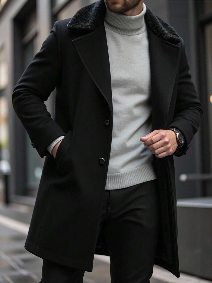 Manfinity Homme معطف رجالي بلون موحد مع جيب وأزرار أمامية وأكمام طويلة، معطف أسود للخريف مع ياقة من الفرو - الأسود - مشاهدة 1