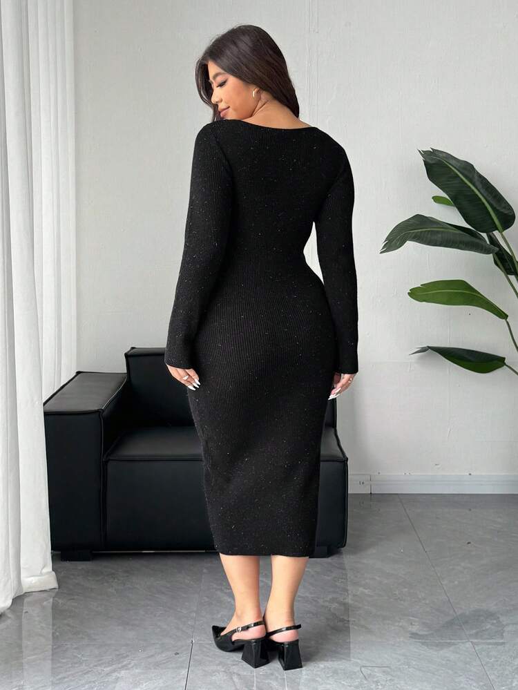 Dazy Plus Plus Size Women Rhinestone Embellished V-Neck Bodycon Long Sleeve Maxi Sweater Dress, Suitable For Banquet, Autumn/Winter Prom Dress