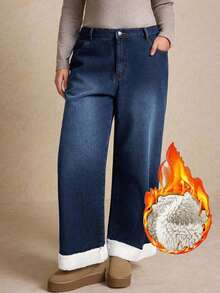 Elaquor Jeans de felpa azul talla grande, pantalones de pierna recta de cintura alta con dobladillo, pantalones de felpa cálidos, adecuados para uso casual clásico en invierno - Azul lavado oscuro - Ver 2