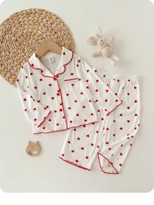 Baby Girl Cute Casual Versatile Knit Polka Dot & Heart Pattern Long Sleeve Pajama Set - White - View 1