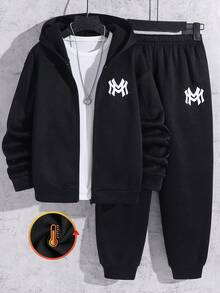 SHEIN 男童休闲运动街头风连帽衫卫衣裤套装，字母印花，适合通勤、上学、日常休闲、旅行、运动，四季皆宜 - 黑色 - 查看 2