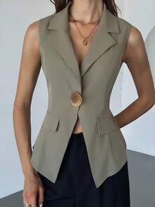 Firerie Women's Minimalist Elegant Daily Casual Urban Commute Office Wear Gray-Green Sleeveless Lapel Metal Button Fitted Blazer, Women's Blazer, Autumn/Winter Wear, Formal Occasion Wear - Green - View 4