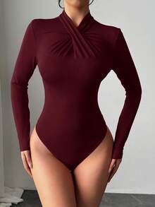 Firerie 优雅、现代、性感的红色褶皱领连体衣，适合秋冬休闲、居家和社交场合 - 紫紅色 - 查看 2