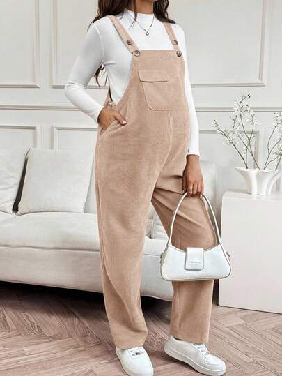 SHEIN 孕妇休闲通勤上学风简约纯色灯芯绒翻盖口袋背带裤女式休闲连体裤女式背带裤孕妇背带裤