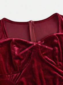 SHEIN Tween-Mädchen Lässiges, elegantes Maxikleid aus Samt mit herzförmigem Kragen und Schleifendekor, langärmliges Maxikleid mit taillierter Taille, rotes Maxikleid, burgunderfarbenes Maxikleid, formelles Kleid, geeignet für Weihnachten, Neujahr, Geburtstagsfeier, Prinzessinnenkleid - Bordeaux - Übersicht 9