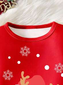 SHEIN 2pcs Girls Christmas Reindeer Pajama Set, Snug Fit Soft & Skin-Friendly Round Neck Long Sleeve Top And Long Pants, Cute Holiday Sleepwear, Christmas & New Year Gift Recommendation Snug Fit Family Christmas Matching Pajamas Set - Red - View 5