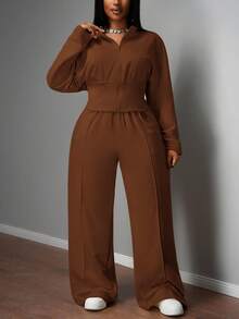 Slaydiva 秋冬新品，女士秋冬服装，万圣节，大码女士家居服套装，棕色两件套，高个两件套，保守款两件套，长袖两件套，棕色长袖套装 - 棕色 - 查看 12