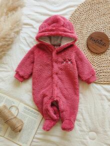 SHEIN Vintaside Kids 新生儿简约时尚可爱刺绣长袖连帽连体睡衣 - 粉色 - 查看 3