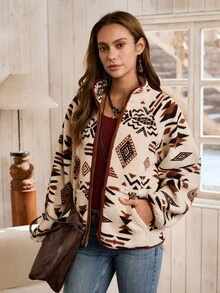 Chaqueta regular de mujer LanaWest con estampado, ribete de contraste, casual, albaricoque