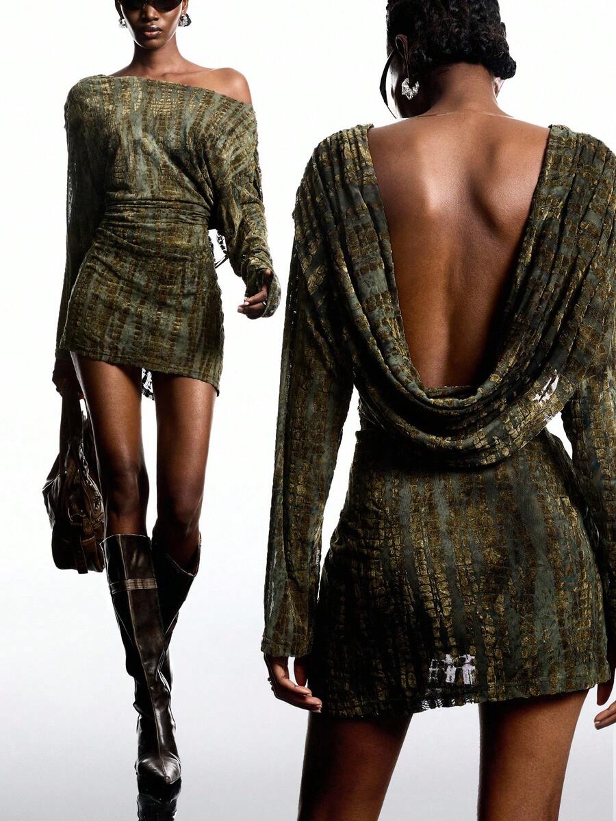 LYSMO 女式性感褶饰露背垂坠领时尚迷你连衣裙 - 彩色 - 查看 1