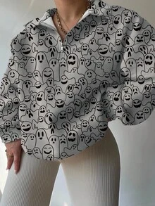 EMERY ROSE Plus Size Women Ghost Print Long Sleeve Casual Zip-Up Loose Sweatshirt, Autumn