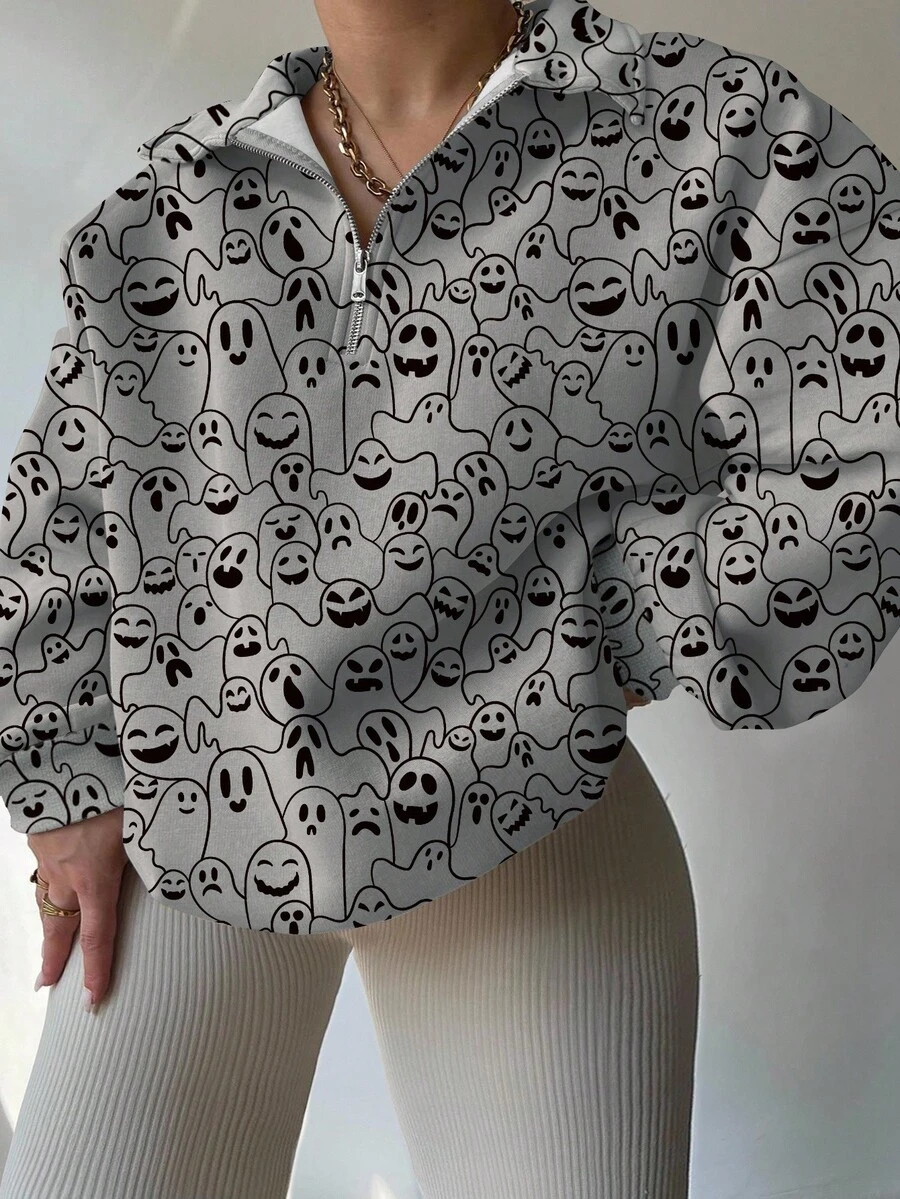 EMERY ROSE Plus Size Women Ghost Print Long Sleeve Casual Zip-Up Loose Sweatshirt, Autumn