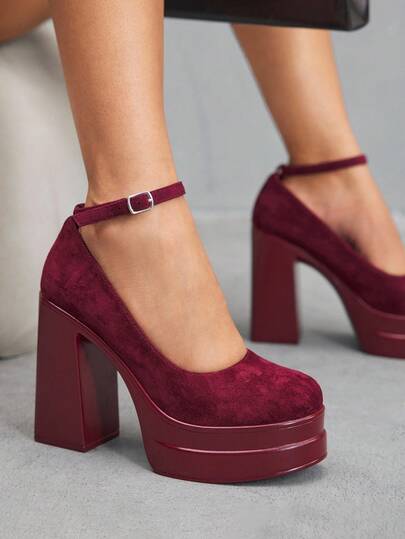 CUCCOO SZL Women's Round Toe High Block Heel Thick Sole Burgundy Ankle Strap High Heel Pumps, Fashionable Sexy Comfortable Casual Commuting Shoes