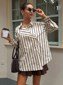 DAZY Áo sơ mi nữ tay dài họa tiết sọc 2 trong 1 dáng rộng thoải mái - Vàng nhạt - Xem 3