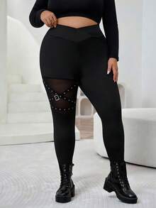 SHEIN CURVE+ Plus Size Fashionable Black Mesh Patchwork Leggings - Black - View 3
