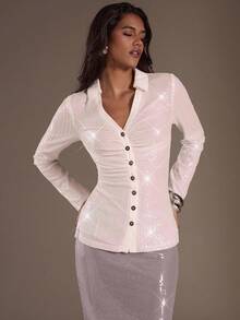 Glamine Women's Sequin Embellished Collar Long Sleeve Fitted Party Blouse, Suitable For Back To School Season In Autumn - White - View 4