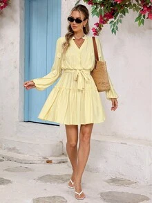 Vivid Eden Robe décontractée à col en V, manches longues, ceinturée, avec décoration florale 3D, pour femmes en vacances - Jaune clair - Voir 7