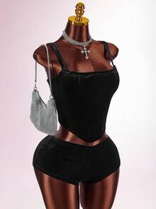 Amplova Damen sexy einfarbiges Camisole und super kurze Shorts 2 Stücke Set, Sommer - Schwarz - Übersicht 4