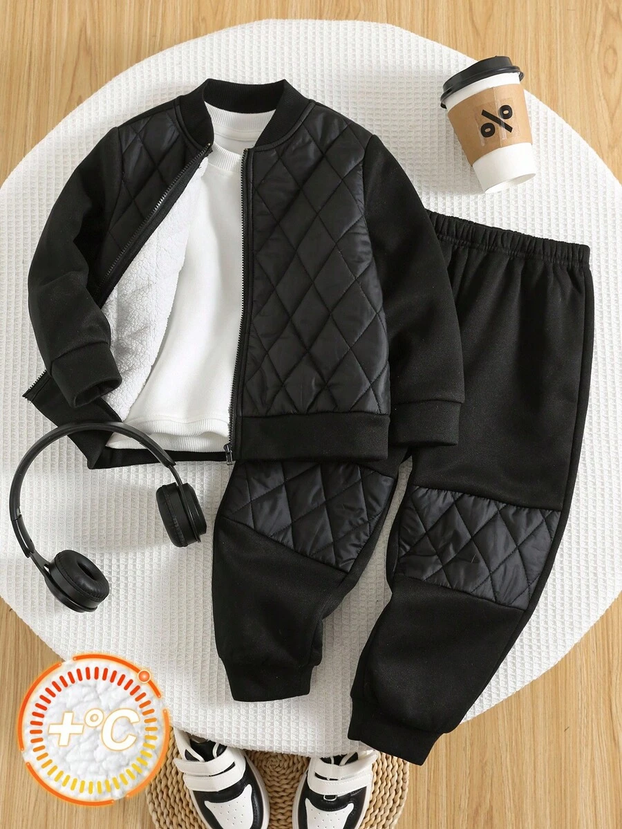 SHEIN 2 件套年轻男孩加厚绗缝夹克和裤子，冬季休闲工作服保暖衬里套装 - 黑色 - 查看 1
