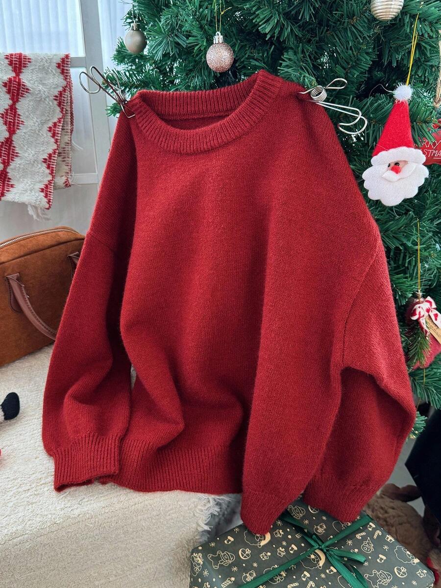 DAZY Tween Boy Solid Color Round Neck Drop Shoulder Long Sleeve Casual Loose Sweater, Autumn/Winter Christmas